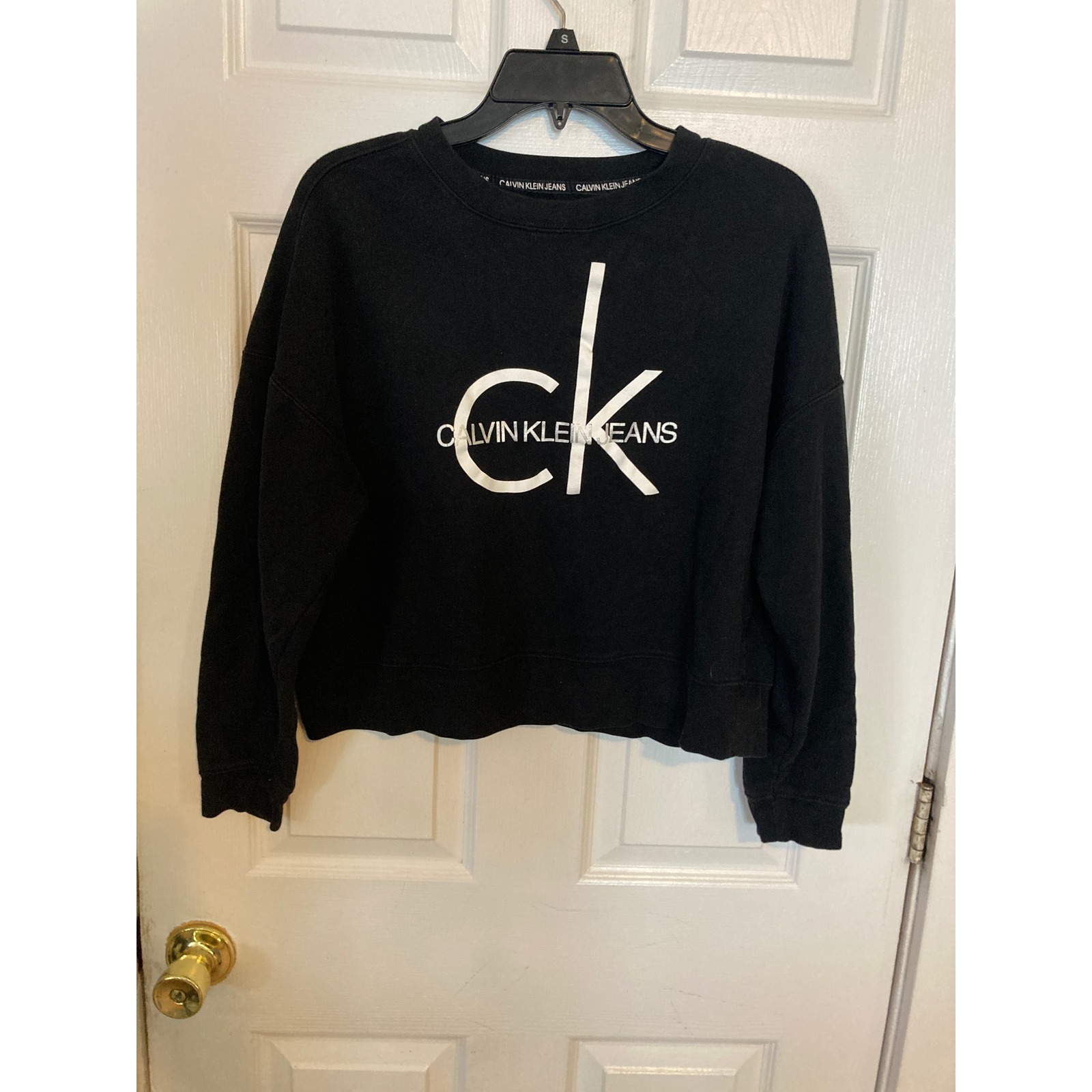 Calvin Klein Jeans Womens Large Black Logo Graphic Pullover Sweatshirt Cropped